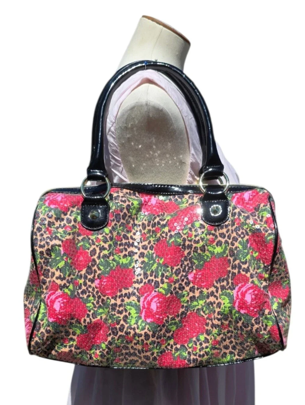 Betsey Johnson Y2K Sequin Leopard Rose Satchel Shoulder Bag Patent Purse